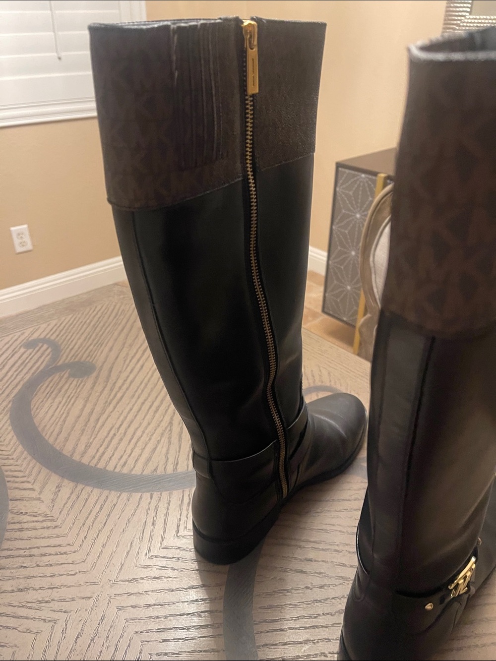 Michael Kors Black & Brown Logo Trim Riding Boots - Picture 2 of 3